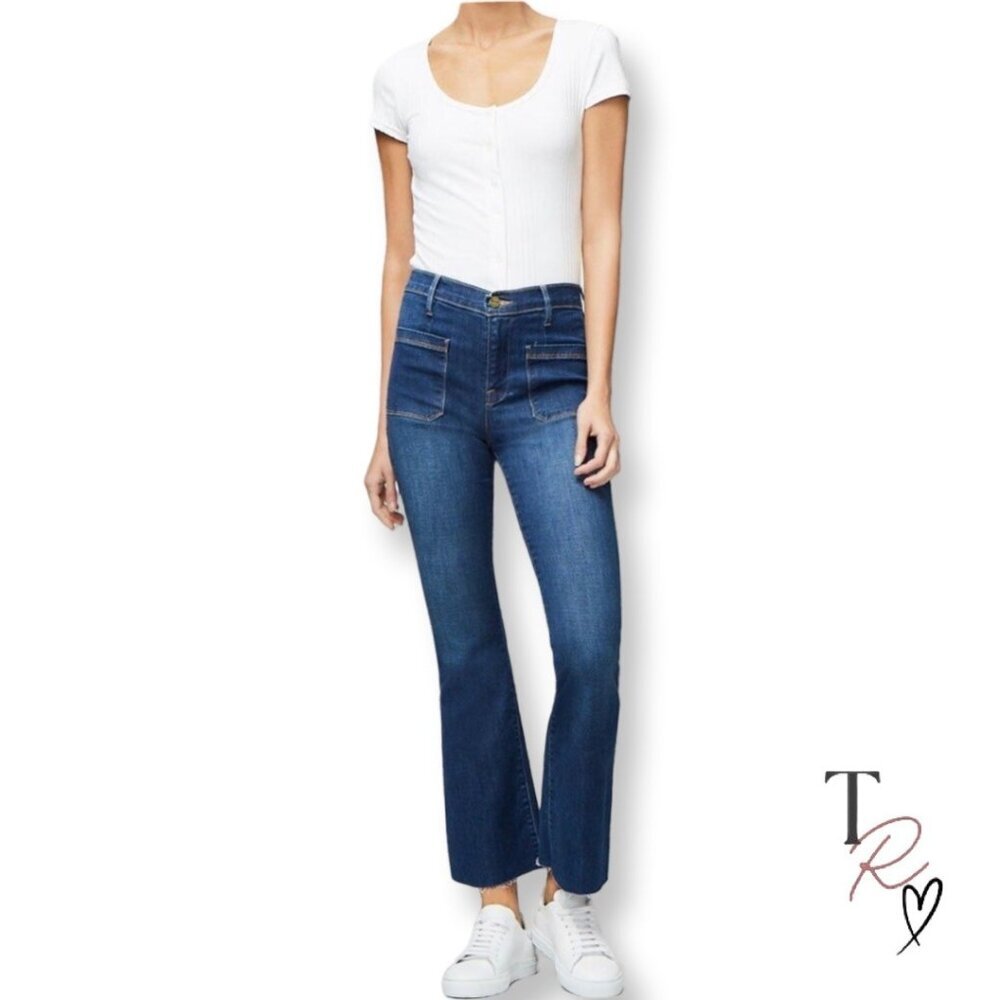 FRAME Le Bardot Crop Flare Jeans Raw Hem Medium Wash Menara Size 27